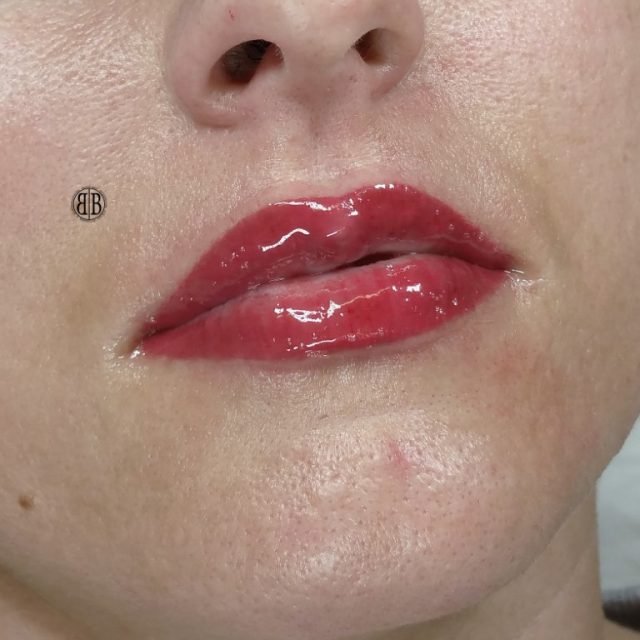 Premium Photo | Beautiful girls performed the procedure of permanent lip  makeup master moisturizes lips with a brush